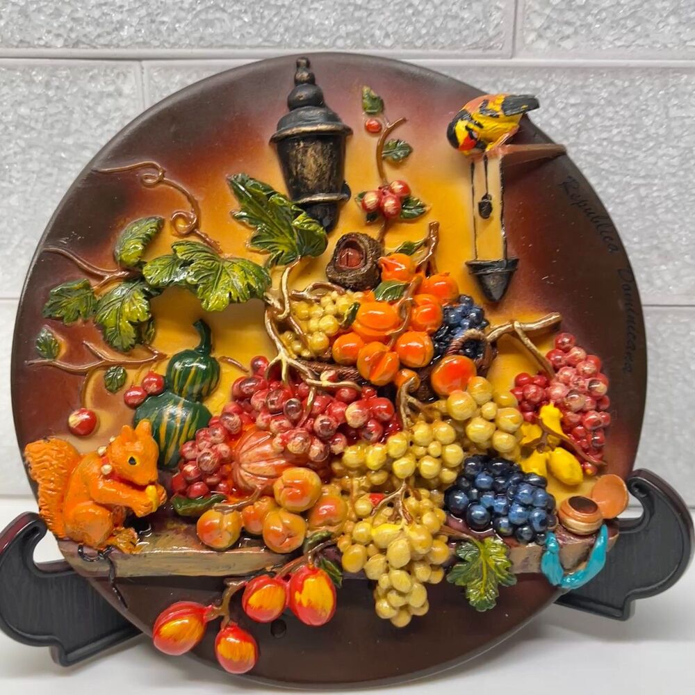 Vtg 3D Ceramic Relief Souvenir Plate Dominican Republic Fruit Squirrel Handmade